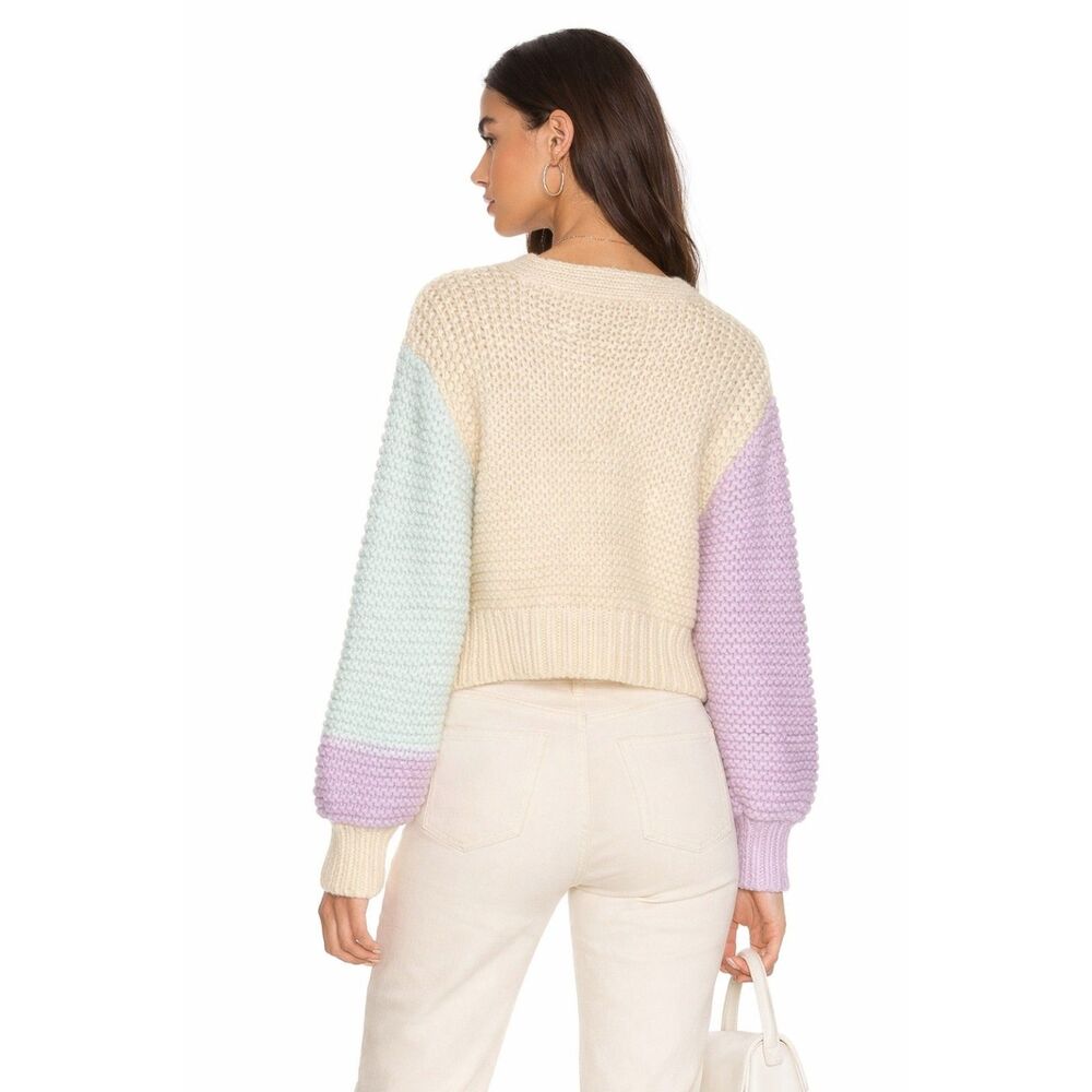 For Love & Lemons x Revolve Kerry Cropped V Neck Colorblock Cardigan Size S NWT - Picture 2 of 14